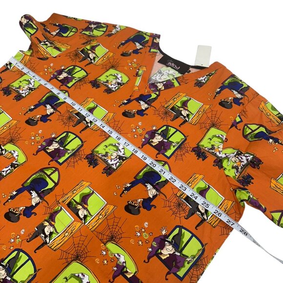 Halloween-Themed Orange Scrub Top With Witch & Spiderweb Print Size XL MnJ Brand - Picture 5 of 10